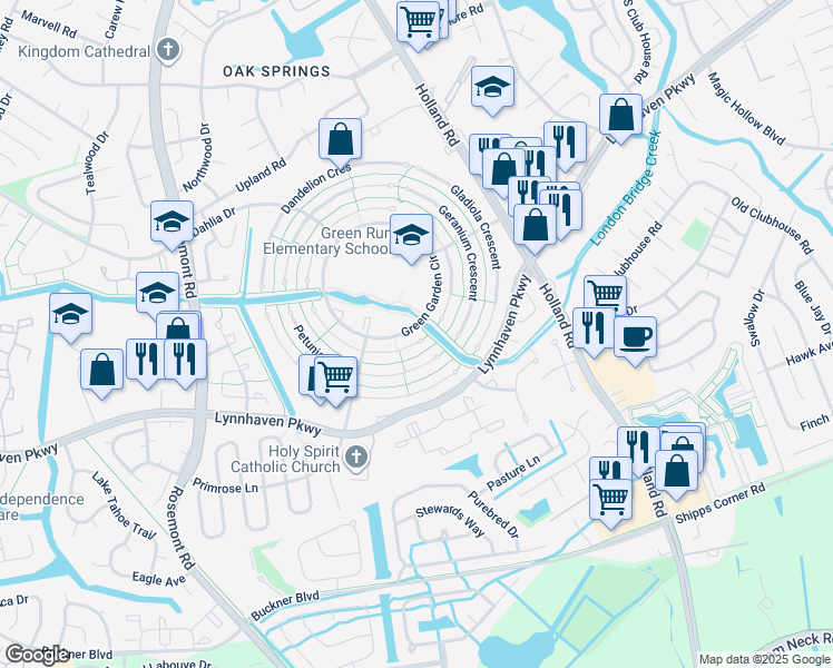 map of restaurants, bars, coffee shops, grocery stores, and more near 3400 Plum Crescent in Virginia Beach