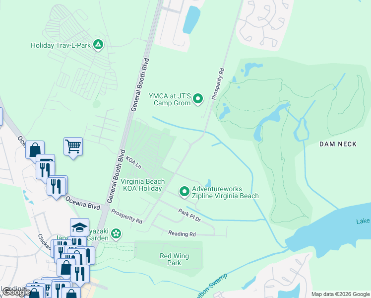 map of restaurants, bars, coffee shops, grocery stores, and more near 1229 Prosperity Road in Virginia Beach