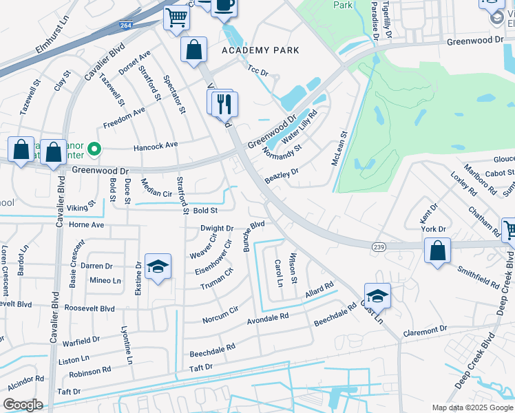 map of restaurants, bars, coffee shops, grocery stores, and more near 807 Gust Lane in Portsmouth