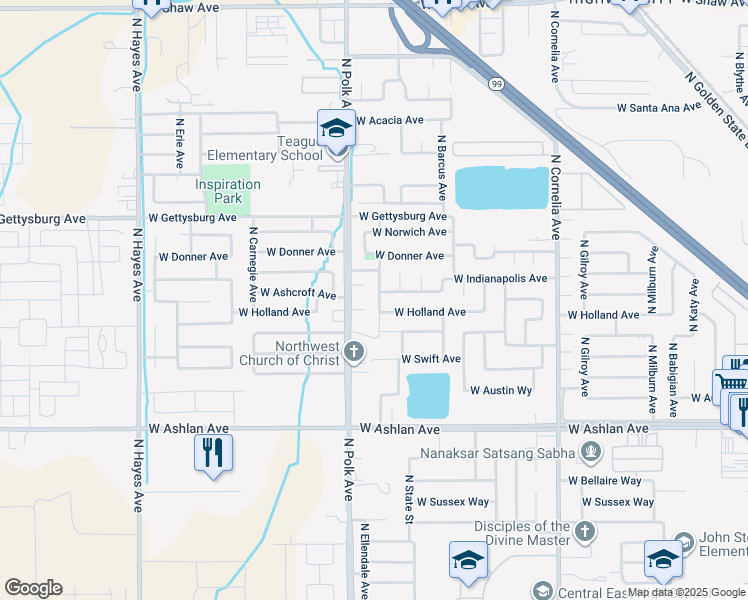 map of restaurants, bars, coffee shops, grocery stores, and more near 4295 North Ellendale Avenue in Fresno