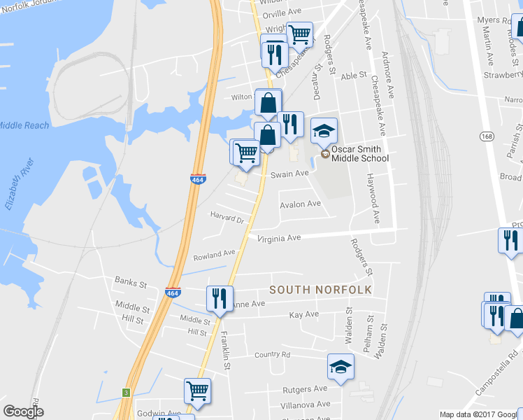 map of restaurants, bars, coffee shops, grocery stores, and more near 2609 Bainbridge Boulevard in Chesapeake
