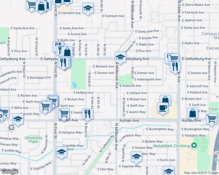 map of restaurants, bars, coffee shops, grocery stores, and more near 3618 East Ashcroft Avenue in Fresno