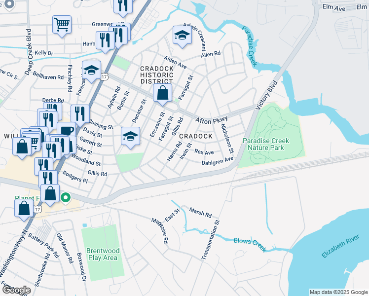 map of restaurants, bars, coffee shops, grocery stores, and more near 31 Irwin Street in Portsmouth