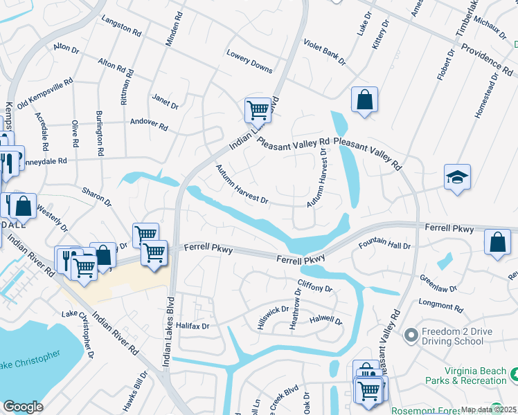 map of restaurants, bars, coffee shops, grocery stores, and more near 5145 Earlston Lane in Virginia Beach