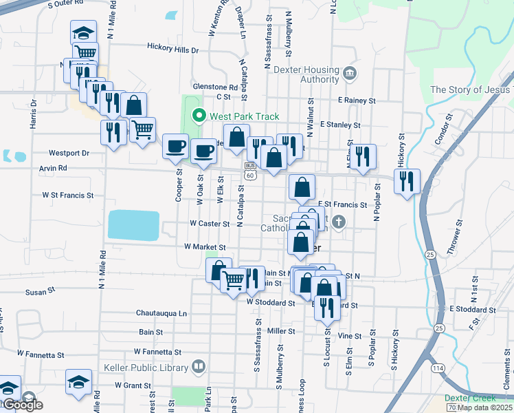 map of restaurants, bars, coffee shops, grocery stores, and more near 209 West Saint Francis Street in Dexter
