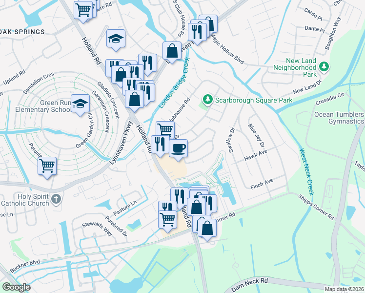 map of restaurants, bars, coffee shops, grocery stores, and more near 1272 Mondrian Loop in Virginia Beach