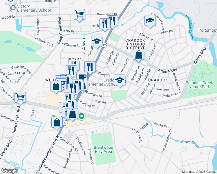 map of restaurants, bars, coffee shops, grocery stores, and more near 113 Decatur Street in Portsmouth