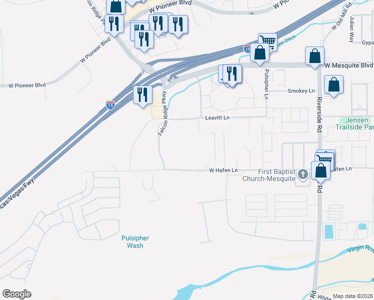 map of restaurants, bars, coffee shops, grocery stores, and more near 1070 Leavitt Lane in Mesquite