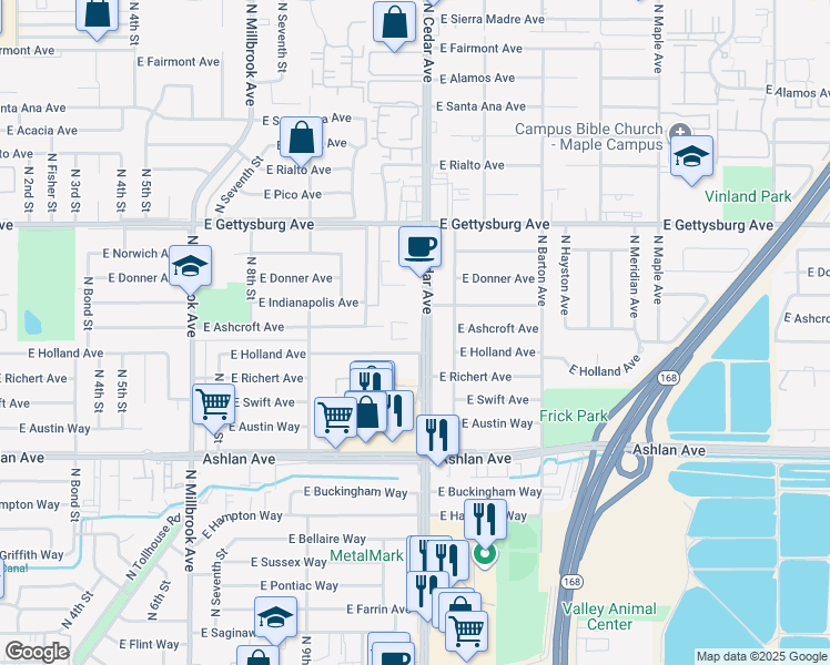 map of restaurants, bars, coffee shops, grocery stores, and more near 4411 North Cedar Avenue in Fresno