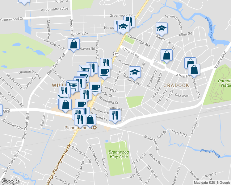 map of restaurants, bars, coffee shops, grocery stores, and more near 1825 Garrett Street in Portsmouth
