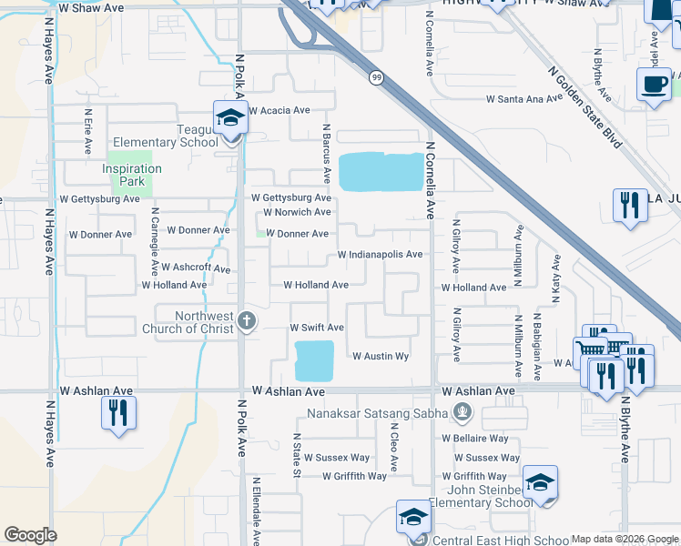 map of restaurants, bars, coffee shops, grocery stores, and more near 4305 North Barcus Avenue in Fresno