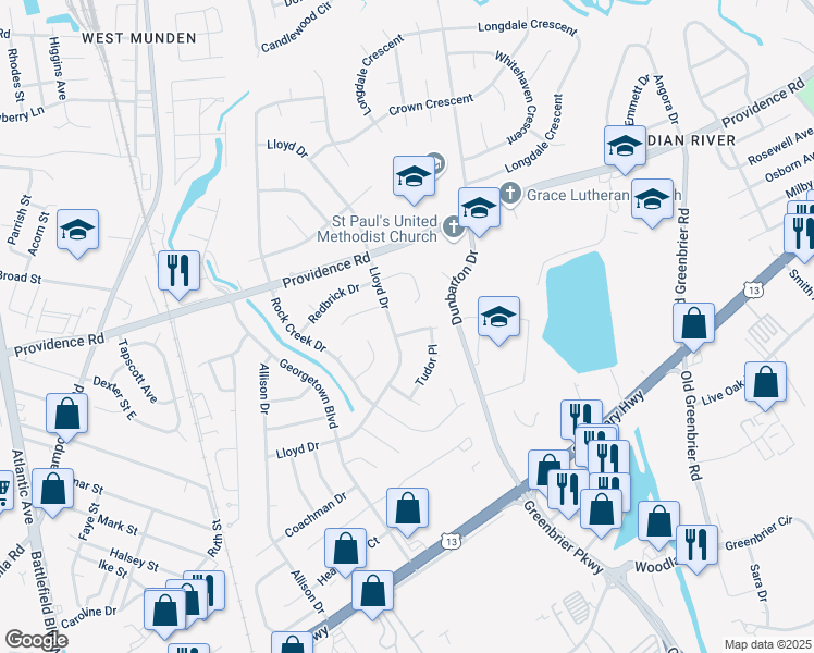 map of restaurants, bars, coffee shops, grocery stores, and more near 404 Shoemaker Drive in Chesapeake