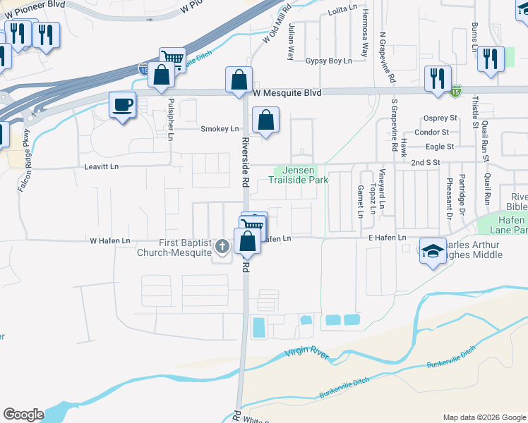 map of restaurants, bars, coffee shops, grocery stores, and more near 775 Moss Drive in Mesquite
