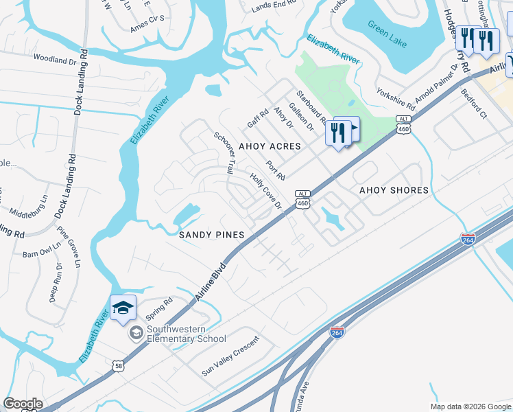 map of restaurants, bars, coffee shops, grocery stores, and more near 3845 Schooner Trail in Chesapeake