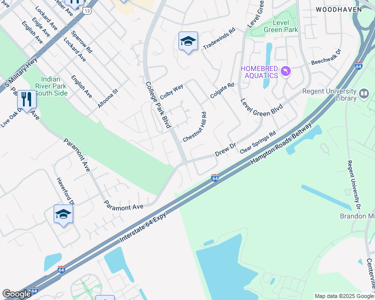 map of restaurants, bars, coffee shops, grocery stores, and more near 1328 College Park Boulevard in Virginia Beach