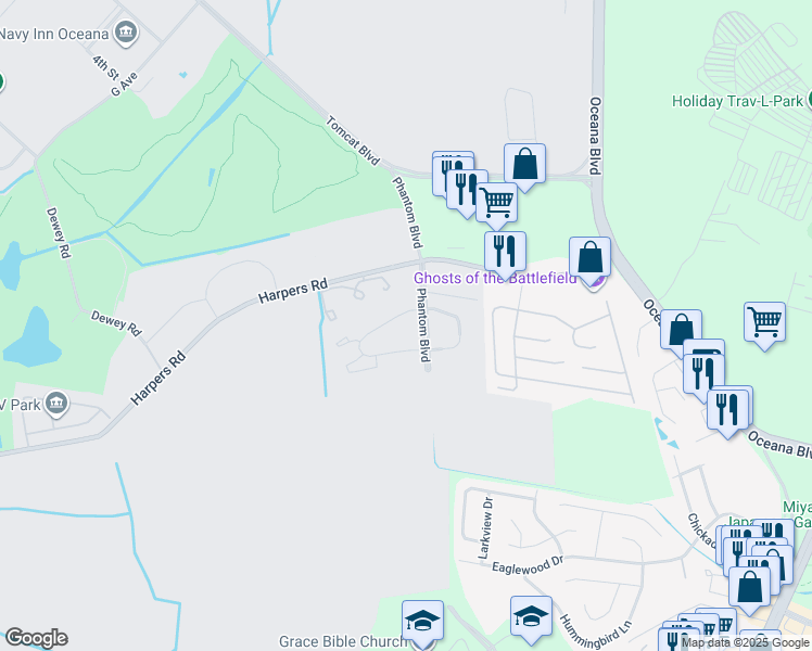map of restaurants, bars, coffee shops, grocery stores, and more near 1279 Corsair Drive in Virginia Beach