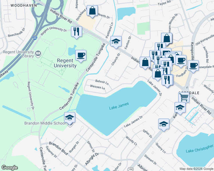 map of restaurants, bars, coffee shops, grocery stores, and more near 1012 Belvoir Lane in Virginia Beach