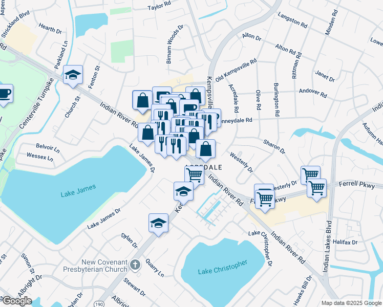 map of restaurants, bars, coffee shops, grocery stores, and more near 5317 Indian River Road in Virginia Beach