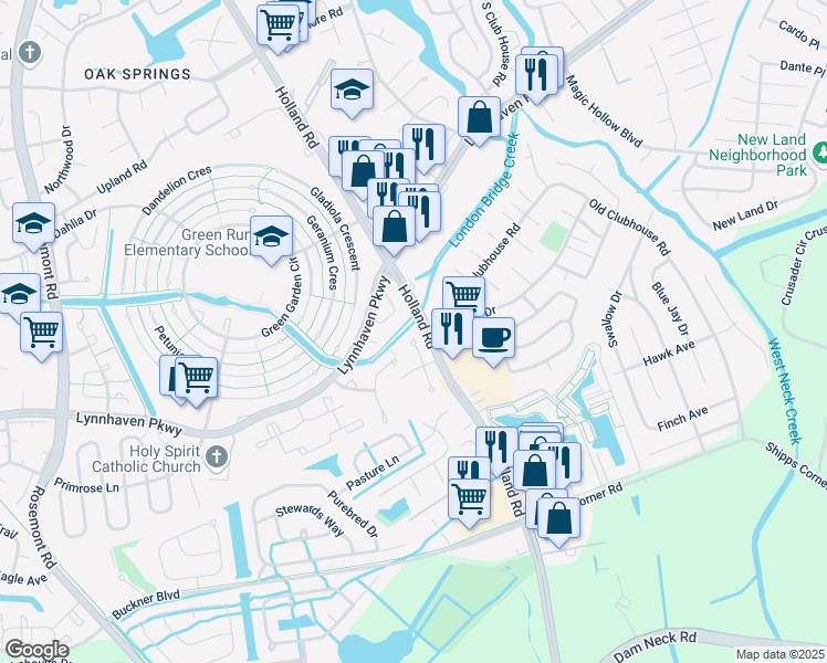 map of restaurants, bars, coffee shops, grocery stores, and more near 1212 White Birch Lane in Virginia Beach