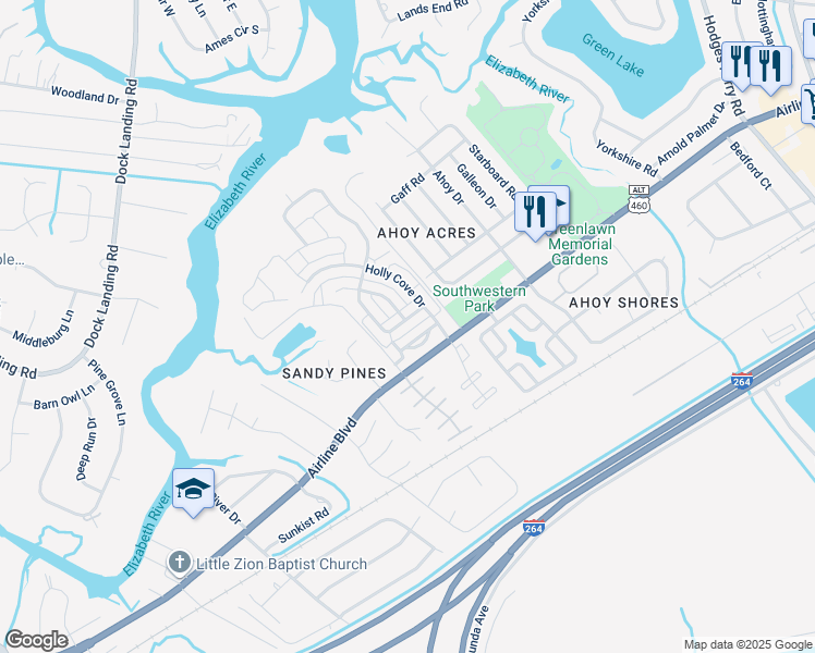 map of restaurants, bars, coffee shops, grocery stores, and more near 3841 Schooner Trail in Chesapeake