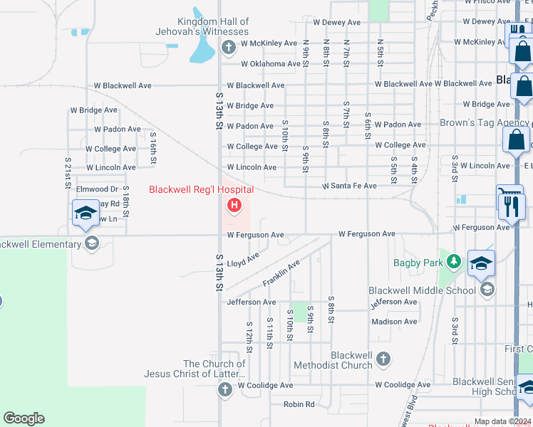 map of restaurants, bars, coffee shops, grocery stores, and more near 1020 West Ferguson Avenue in Blackwell