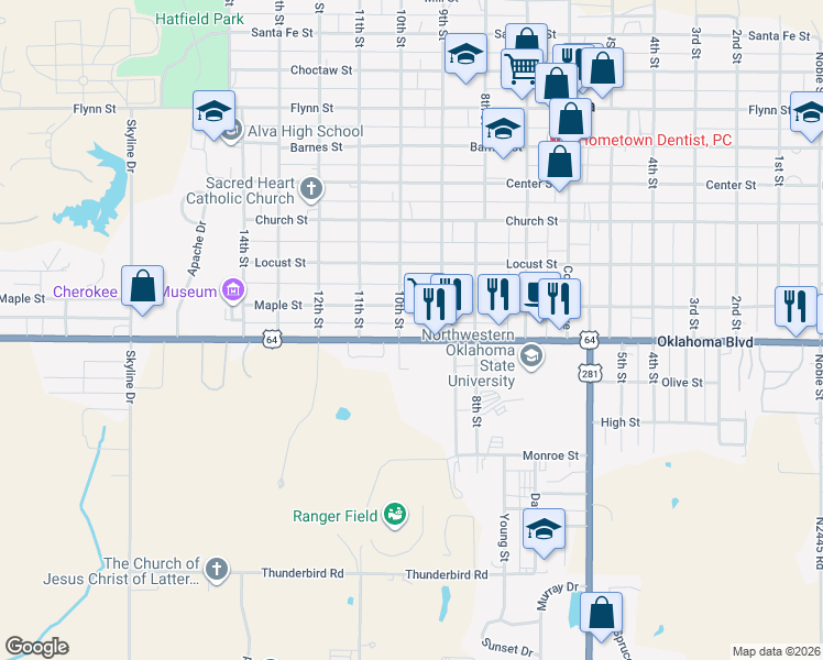 map of restaurants, bars, coffee shops, grocery stores, and more near 928 Oklahoma Boulevard in Alva