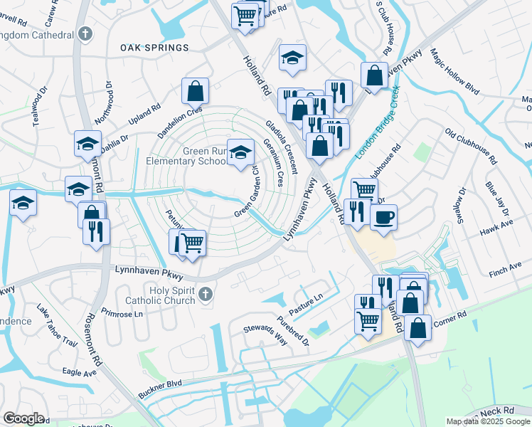 map of restaurants, bars, coffee shops, grocery stores, and more near 1261 Geranium Crescent in Virginia Beach