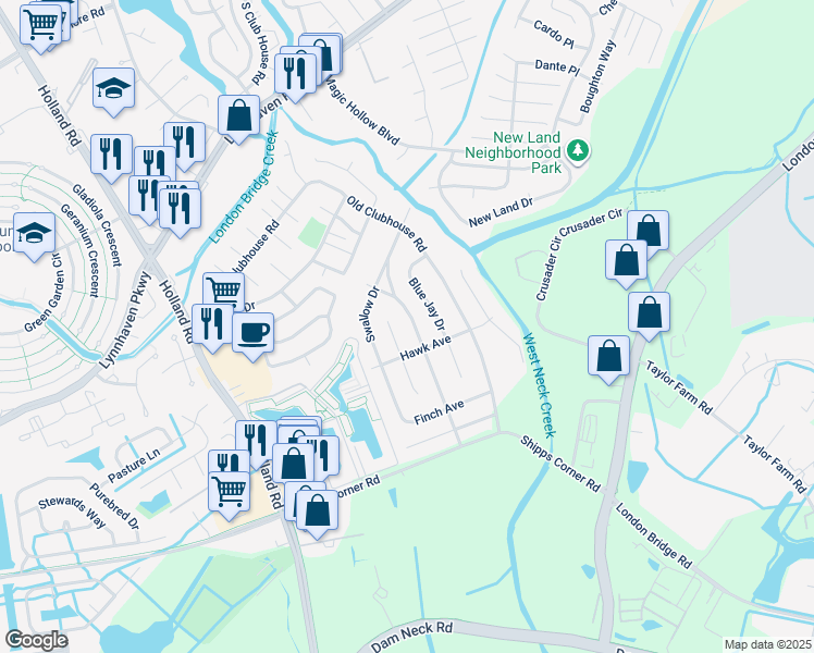 map of restaurants, bars, coffee shops, grocery stores, and more near 1229 Skylark Drive in Virginia Beach