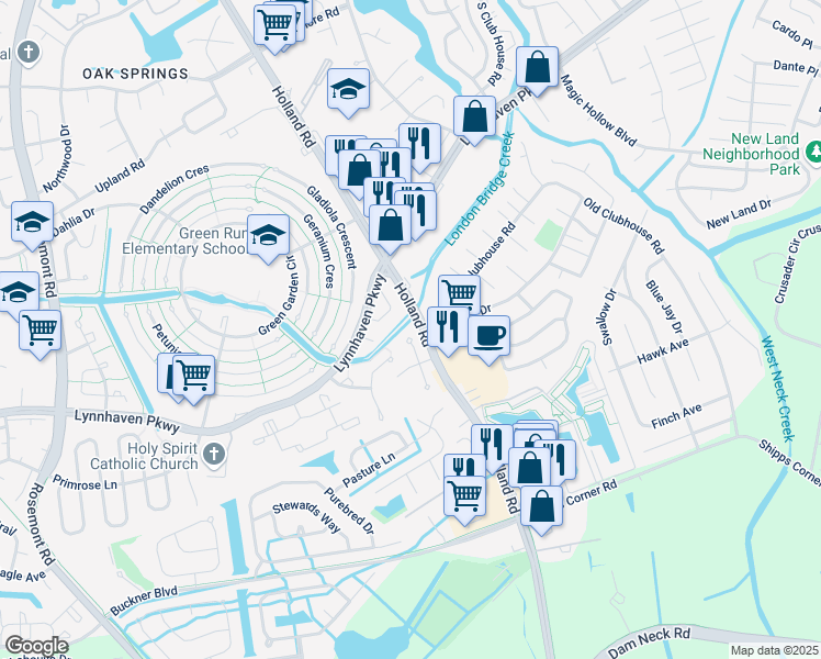 map of restaurants, bars, coffee shops, grocery stores, and more near 1212 White Birch Lane in Virginia Beach