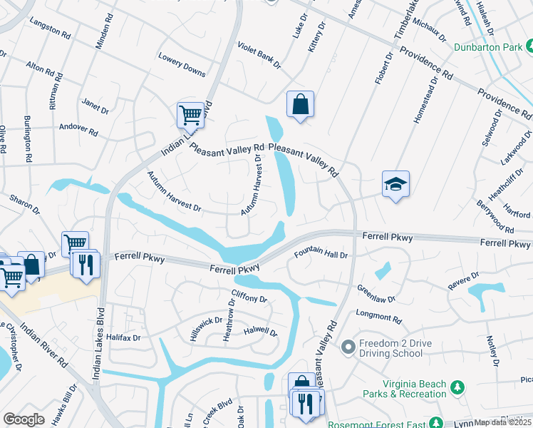 map of restaurants, bars, coffee shops, grocery stores, and more near 5113 Edon Hall Lane in Virginia Beach