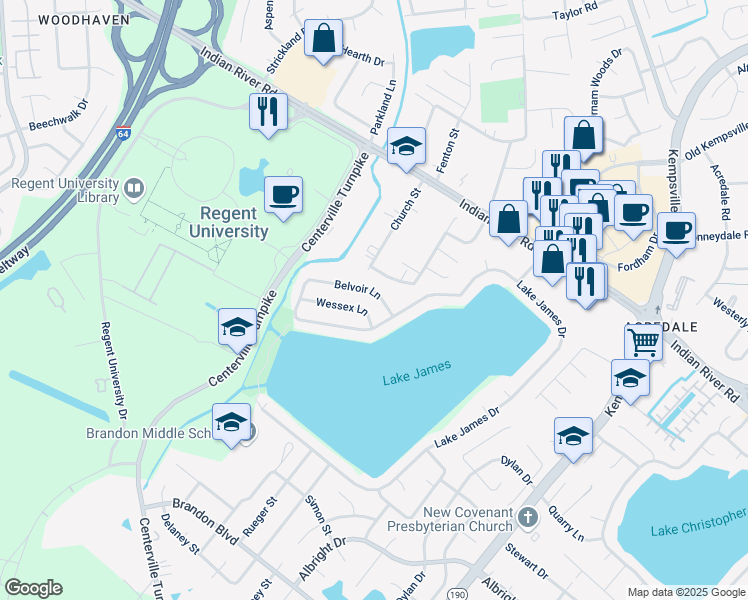 map of restaurants, bars, coffee shops, grocery stores, and more near 1012 Belvoir Lane in Virginia Beach