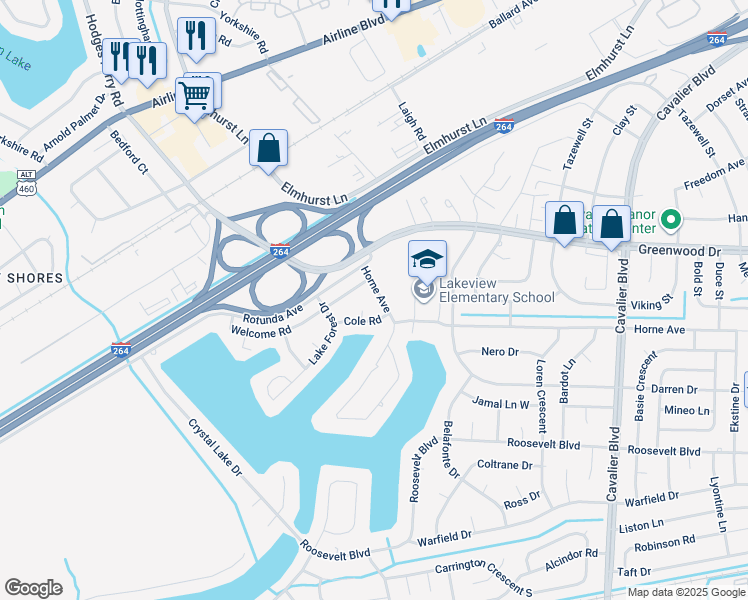 map of restaurants, bars, coffee shops, grocery stores, and more near 1415 Horne Ave in Portsmouth