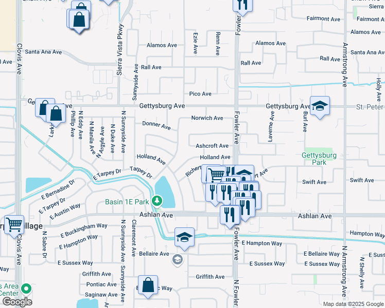map of restaurants, bars, coffee shops, grocery stores, and more near 1653 Holland Avenue in Clovis