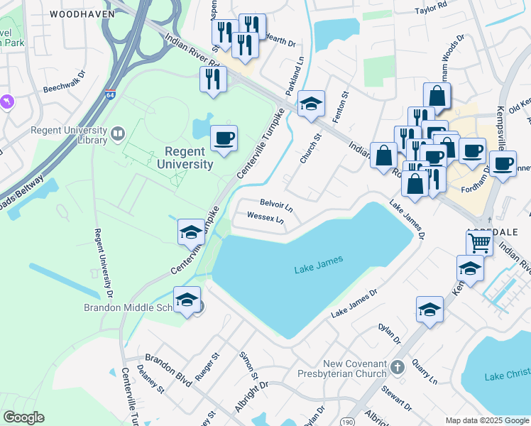 map of restaurants, bars, coffee shops, grocery stores, and more near 1028 Wessex Lane in Virginia Beach