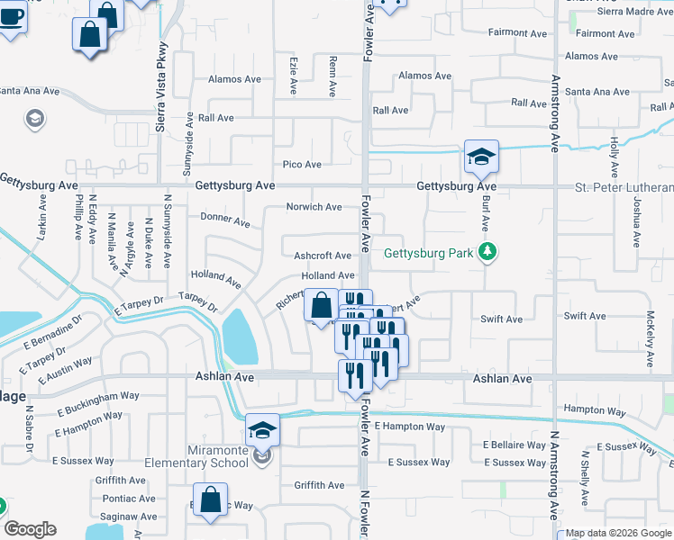 map of restaurants, bars, coffee shops, grocery stores, and more near 1751 Holland Ave in Clovis