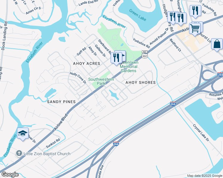 map of restaurants, bars, coffee shops, grocery stores, and more near 3717 Bay Crescent in Chesapeake