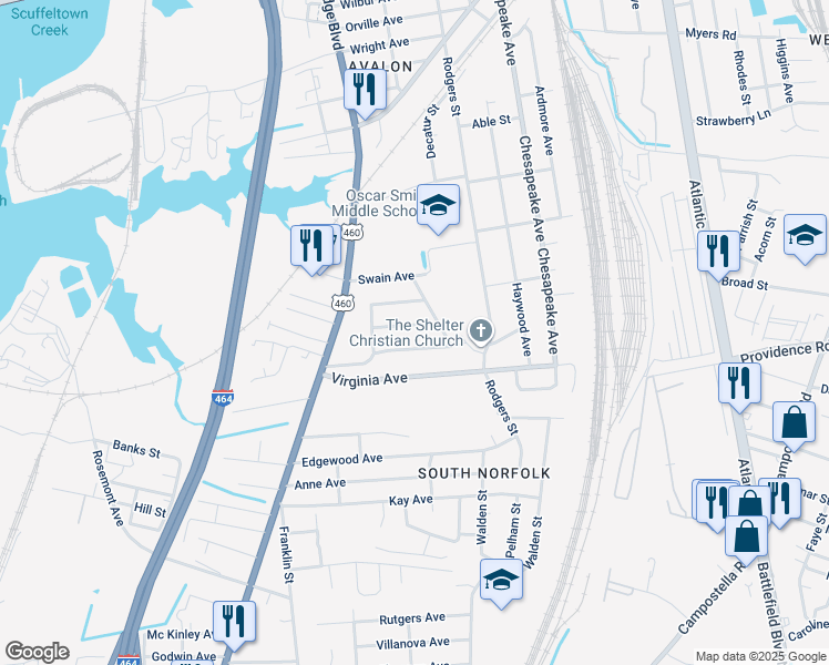 map of restaurants, bars, coffee shops, grocery stores, and more near 1000 Avalon Avenue in Chesapeake
