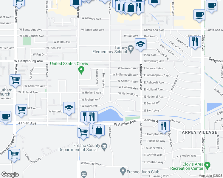 map of restaurants, bars, coffee shops, grocery stores, and more near 198 West Holland Avenue in Clovis