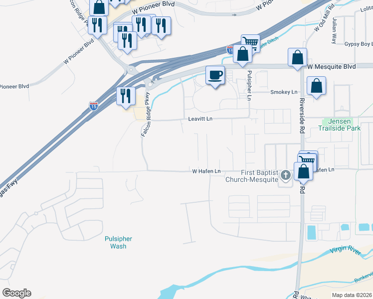 map of restaurants, bars, coffee shops, grocery stores, and more near 1000 Leavitt Lane in Mesquite
