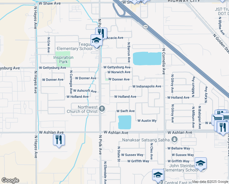 map of restaurants, bars, coffee shops, grocery stores, and more near 5381 West Ashcroft Avenue in Fresno