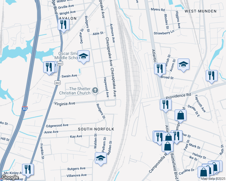map of restaurants, bars, coffee shops, grocery stores, and more near 2600 Chesapeake Avenue in Chesapeake