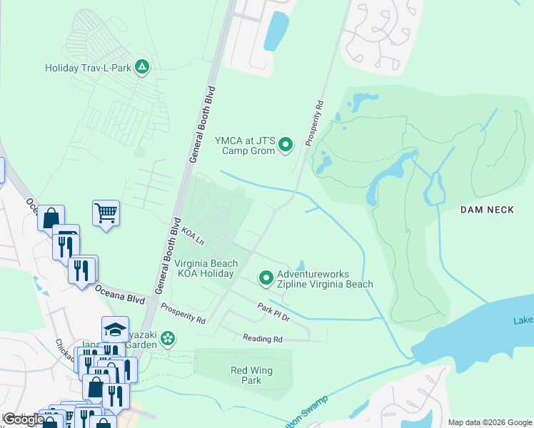map of restaurants, bars, coffee shops, grocery stores, and more near 1229 Prosperity Road in Virginia Beach