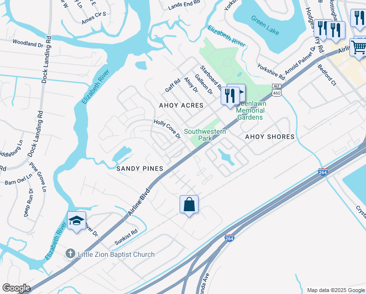 map of restaurants, bars, coffee shops, grocery stores, and more near 4100 Riverside Drive in Chesapeake