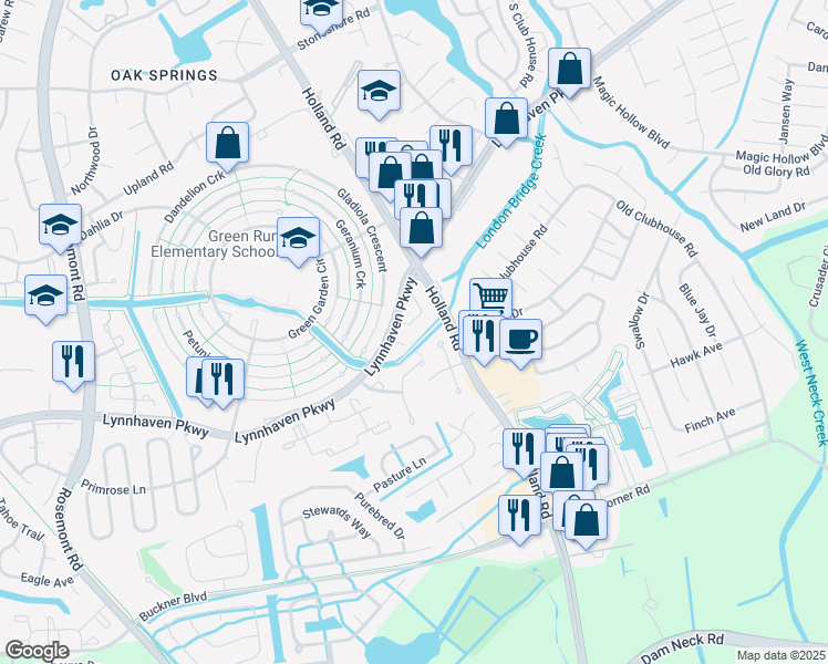 map of restaurants, bars, coffee shops, grocery stores, and more near 3313 Weeping Willow Lane in Virginia Beach