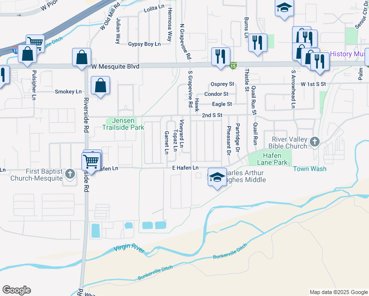map of restaurants, bars, coffee shops, grocery stores, and more near 327 Vineyard Lane in Mesquite