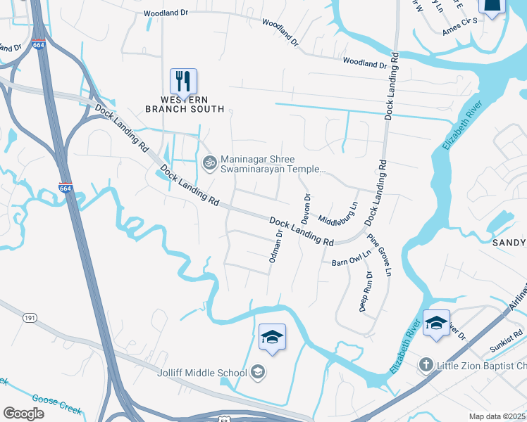 map of restaurants, bars, coffee shops, grocery stores, and more near 4112 Dock Landing Road in Chesapeake