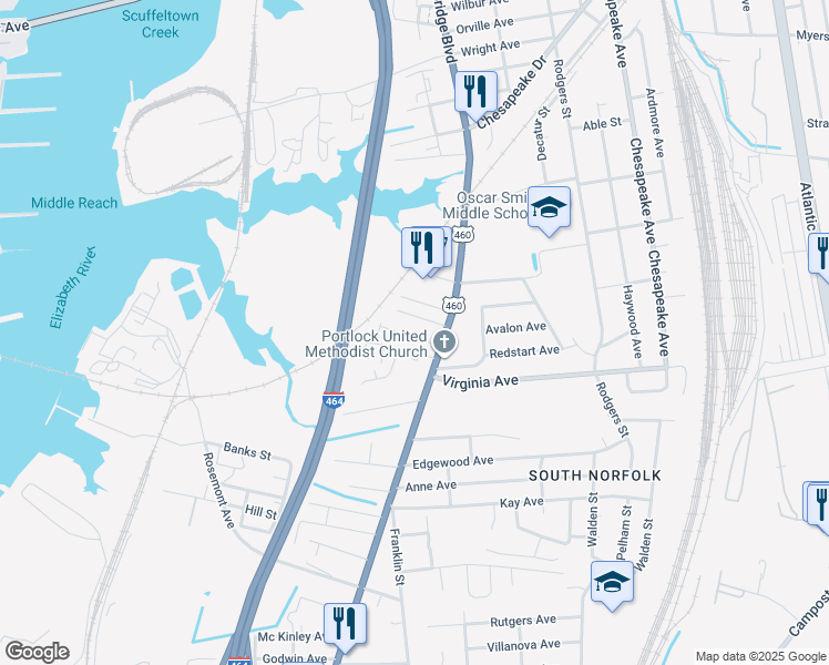 map of restaurants, bars, coffee shops, grocery stores, and more near 1032 Trestle Way in Chesapeake