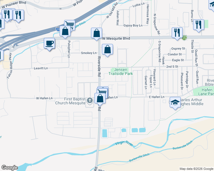 map of restaurants, bars, coffee shops, grocery stores, and more near 775 Moss Drive in Mesquite
