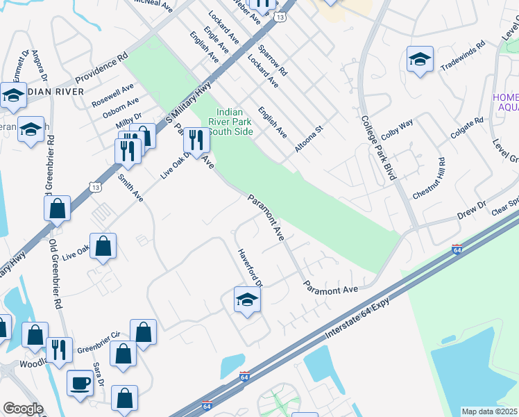 map of restaurants, bars, coffee shops, grocery stores, and more near 2233 Haverford Drive in Chesapeake