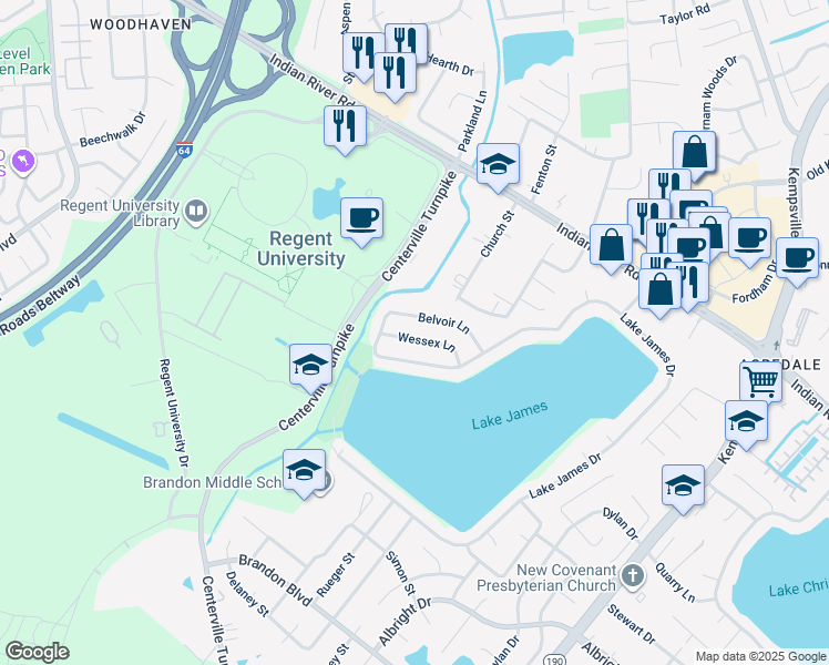 map of restaurants, bars, coffee shops, grocery stores, and more near 1036 Wessex Lane in Virginia Beach